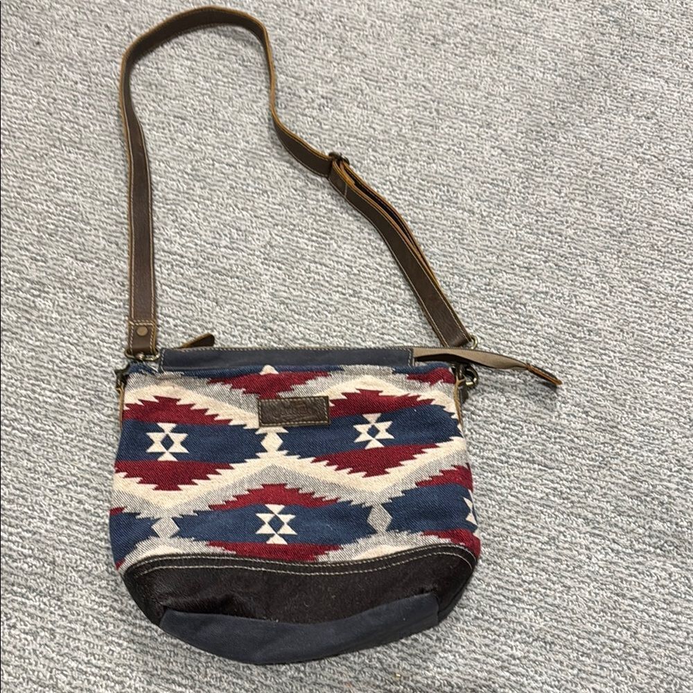 Red and Blue Geometric Crossbody Bags with Leather Trim